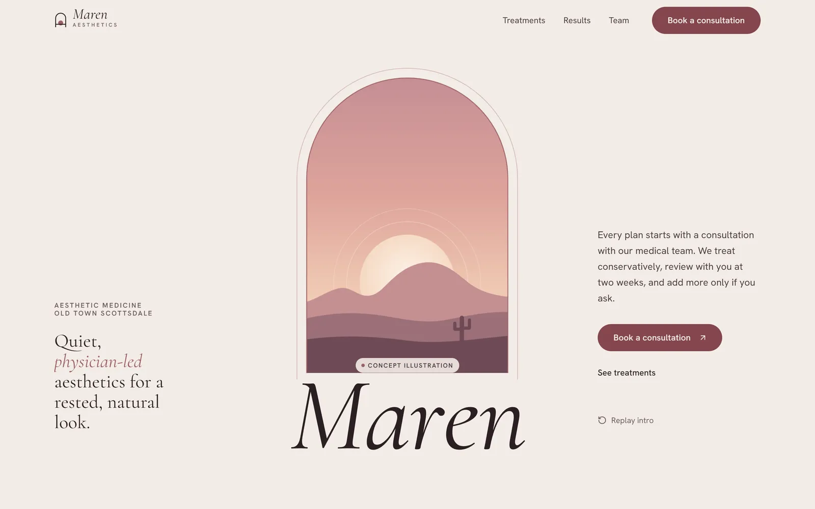 Maren Aesthetics home page: an arched desert-sunset illustration above the word “Maren”, with the headline “Quiet, physician-led aesthetics for a rested, natural look.”