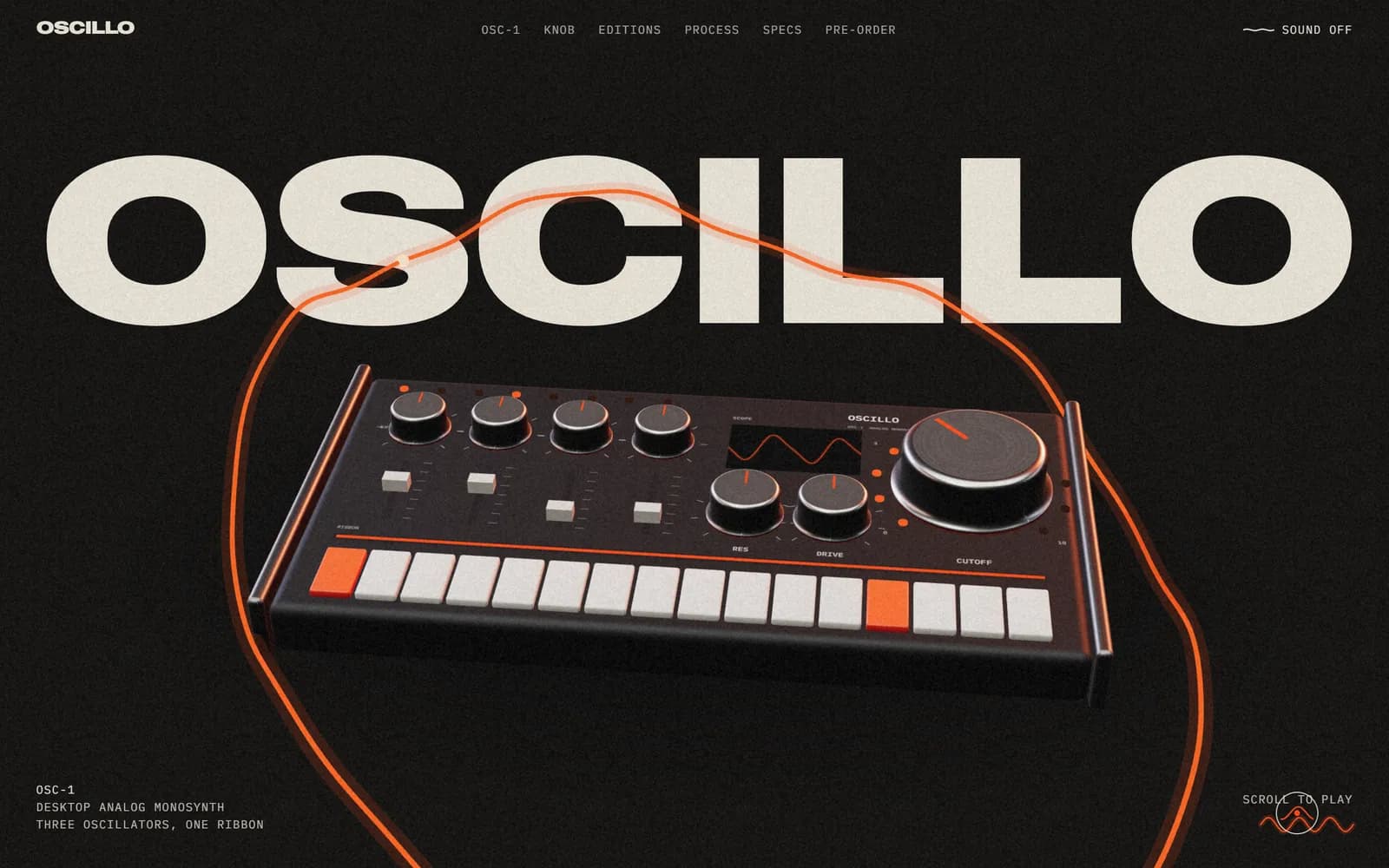 Oscillo home page: the word “OSCILLO” in huge letters above a 3D desktop synthesizer with orange keys, wrapped by a glowing orange waveform ribbon.