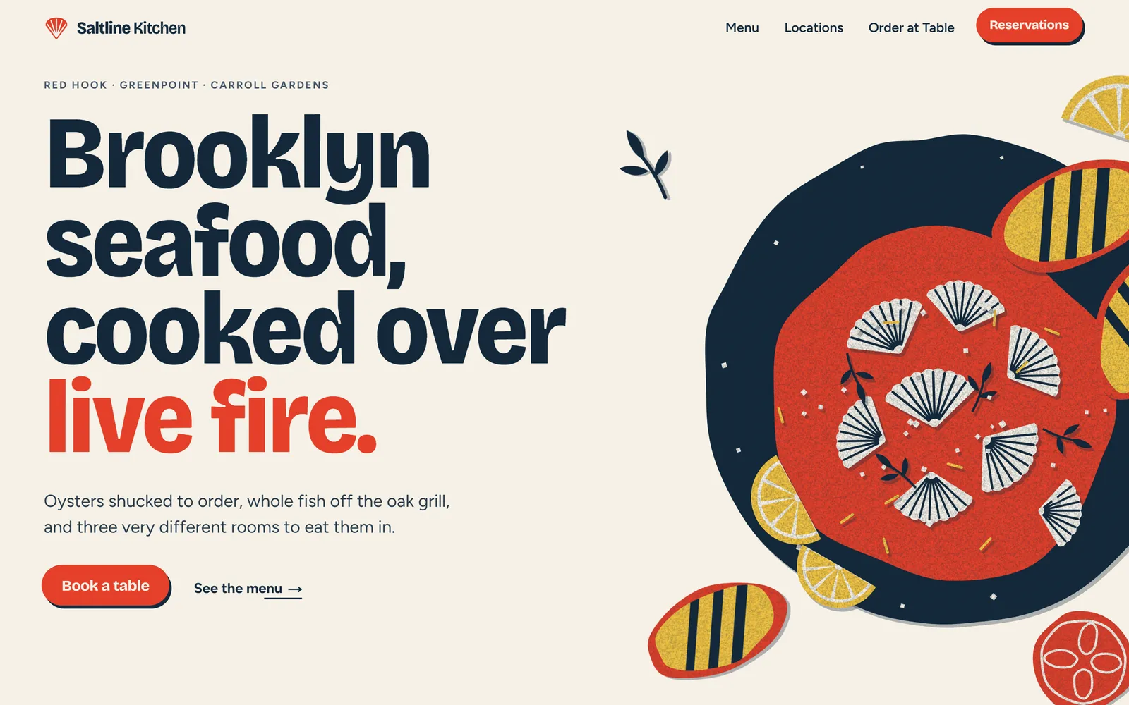 Saltline Kitchen home page: the headline “Brooklyn seafood, cooked over live fire.” beside a cut-paper illustration of oysters on a plate with lemon slices and grilled bread.