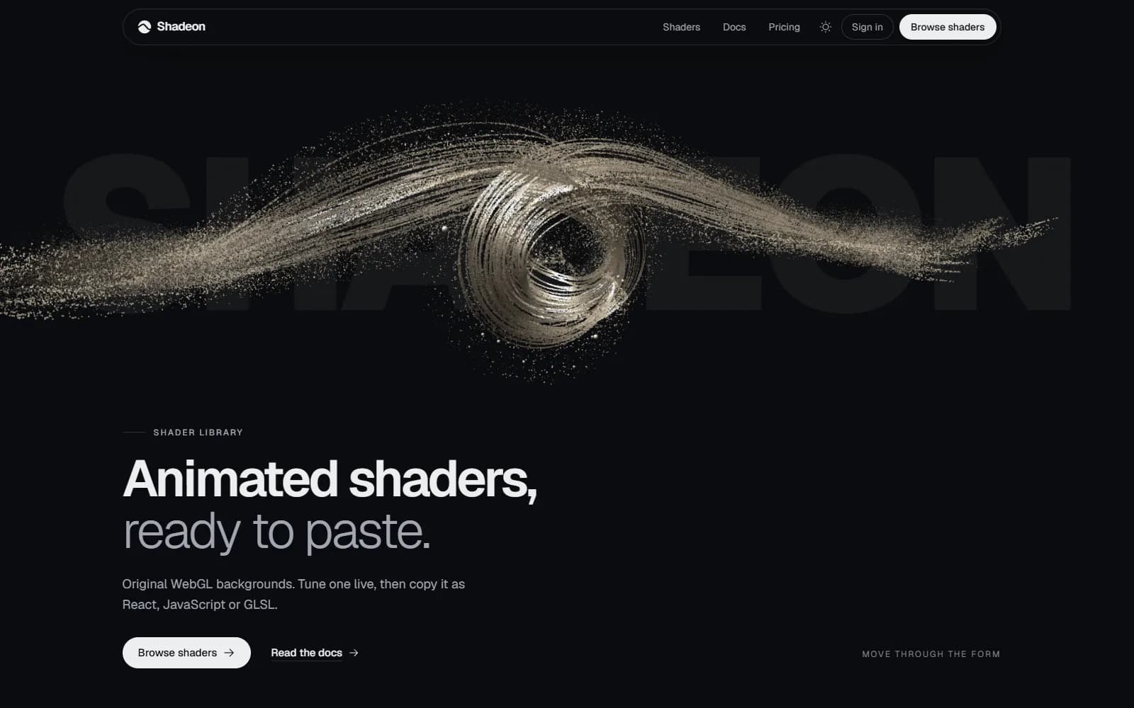 Shadeon home page: a swirling particle shader above the headline “Animated shaders, ready to paste.”